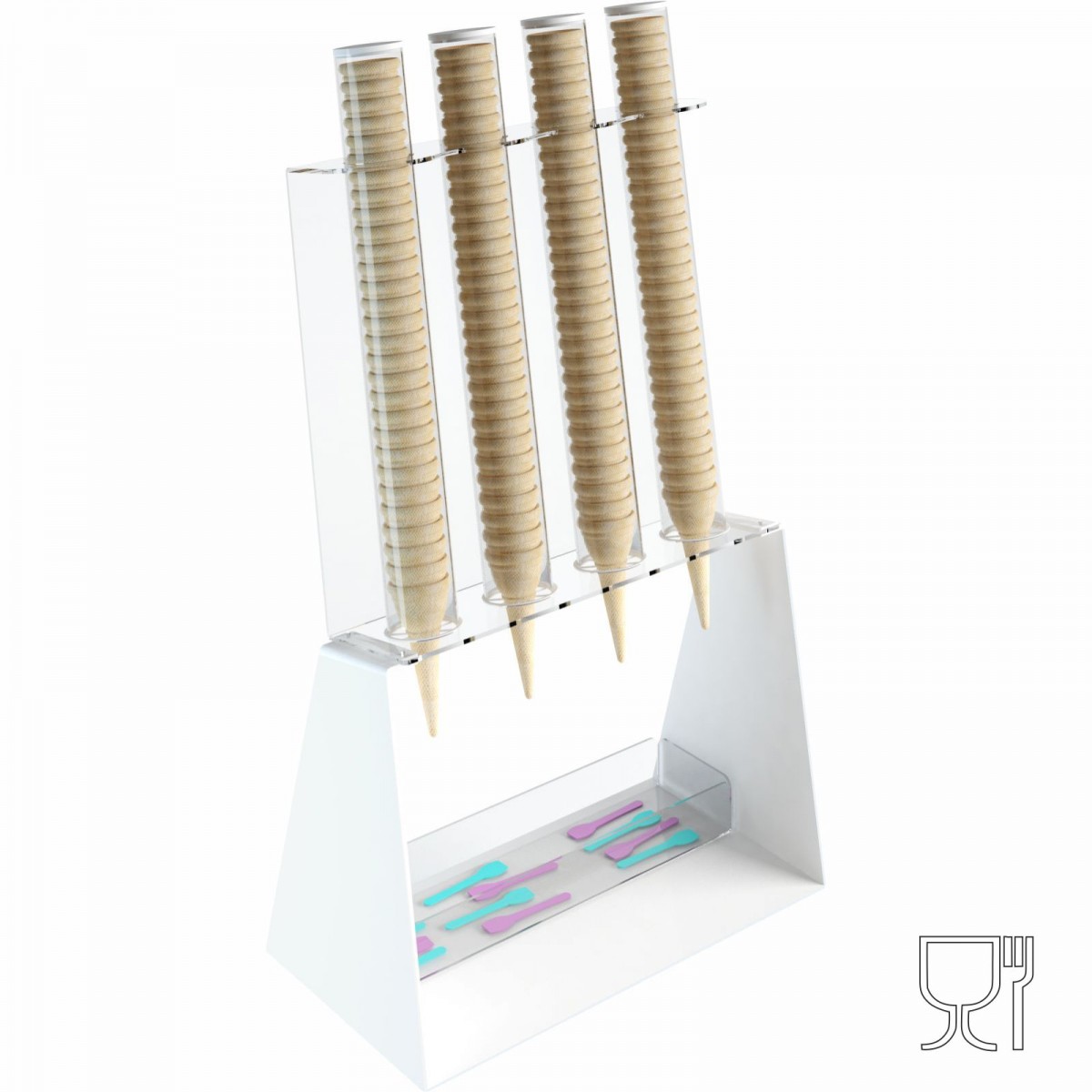 E-519 PCN-C - Porta coni gelato da banco a 4 colonne in plexiglass bianco con porta cucchiaini.