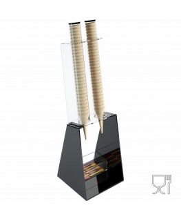 E-520 PCN-A - Porta coni gelato da banco a 2 colonne in plexiglass nero con porta cucchiaini