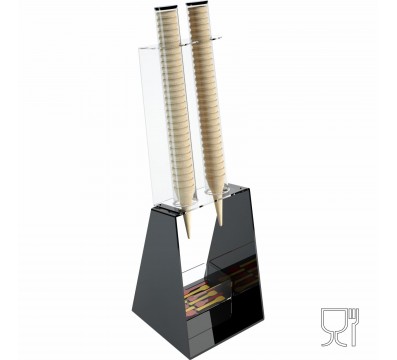 E-520 PCN-A - Porta coni gelato da banco a 2 colonne in plexiglass nero con porta cucchiaini