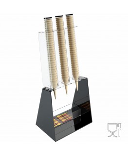 E-520 PCN-B - Porta coni gelato da banco a 3 colonne in plexiglass nero con porta cucchiaini