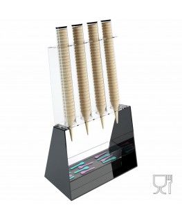 E-520 PCN-C - Porta coni gelato da banco a 4 colonne in plexiglass nero con porta cucchiaini