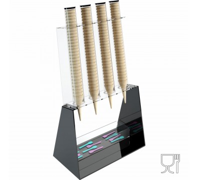 E-520 PCN-C - Porta coni gelato da banco a 4 colonne in plexiglass nero con porta cucchiaini