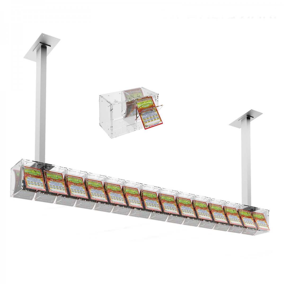 E-390 EGV-I - Espositore gratta e vinci da soffitto in plexiglass trasparente a 14 contenitori munito di sportellino frontale...