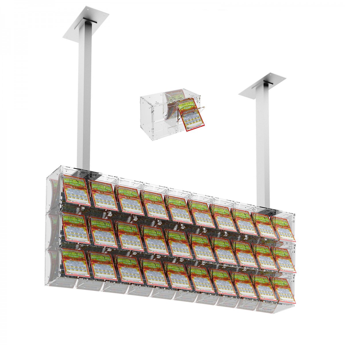 Espositore gratta e vinci da soffitto in plexiglass trasparente a 30  contenitori munito di sportellino frontale lato rivenditore