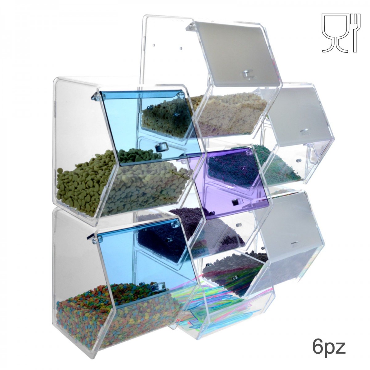 Bonbon- oder Konfekt-Schütte aus Plexiglas transparent und farbig mit 6  Behälter