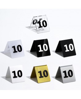 E-737 NT - Segnaposto segnatavolo in plexiglass trasparente o colorato stampato e numero a rilievo dim. 6xH6.5 cm