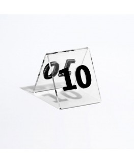 E-737 NT - Segnaposto segnatavolo in plexiglass trasparente o colorato stampato e numero a rilievo dim. 6xH6.5 cm
