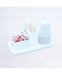 E-739 ESS-A - Porta bustine zucchero, palette e bicchieri in plexiglass bianco a 3 postazioni