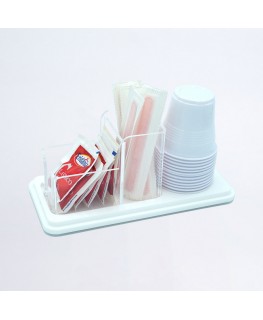 E-739 ESS-C - Porta bustine zucchero, palette e bicchieri in plexiglass bianco e trasparente a 3 postazioni