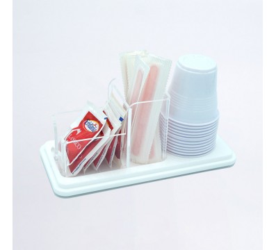 E-739 ESS-C - Porta bustine zucchero, palette e bicchieri in plexiglass bianco e trasparente a 3 postazioni