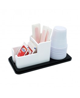 E-738 ESS-B - Porta bustine zucchero, palette e bicchieri in plexiglass nero e bianco a 3 postazioni