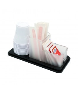 E-738 ESS-D - Porta bustine zucchero, palette e bicchieri in plexiglass nero e satinato a 3 postazioni