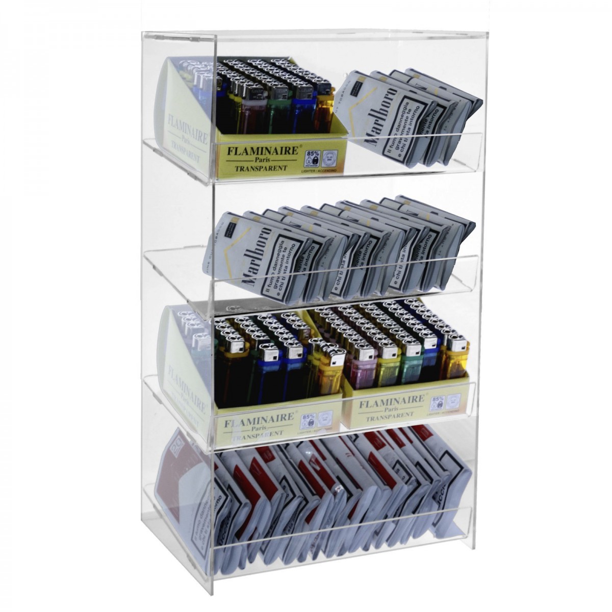 E-139 VTP-B - Espositore porta accendini / porta tabacco in plexiglass trasparente a 4 ripiani inclinati